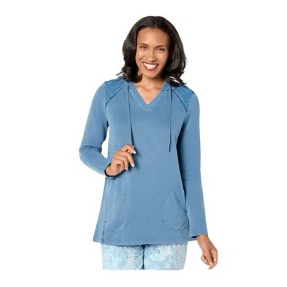 LOGO Life Lori Goldstein Pintuck Trim Hoodie Sweatshirt Steel Blue French Terry